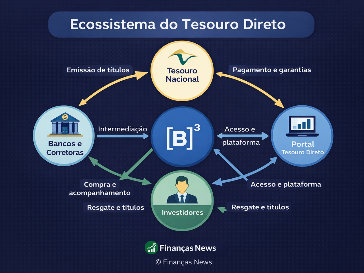 Organograma mostrando uma visão geral sobre como funciona o tesouro direto. Cores claras no organograma e texto, sobre fundo azul.